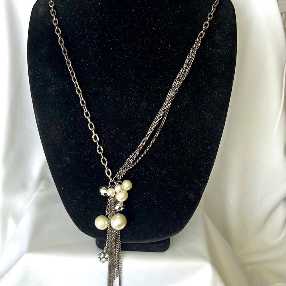 Multi-Textured Paperclip Chain Necklace with Faux Pearls and Disco Balls